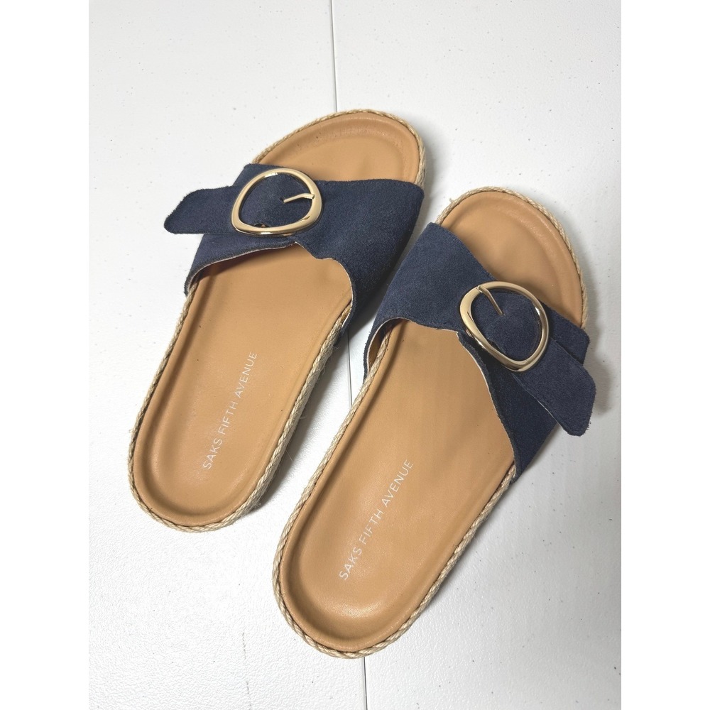 Saks Fifth Avenue Womens 7M Blue Suede Slide Sandals Gold Buckle Espadrille Chic